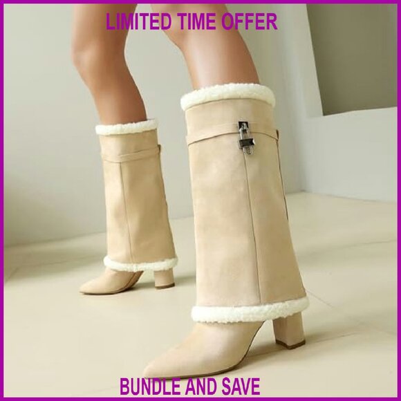 Fold Over Boots with Padlock Mid Calf Pointed Toe Chunky Heel Fur Collar - Picture 7 of 8